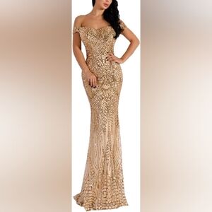 Elegant Strapless Gold Evening Dress